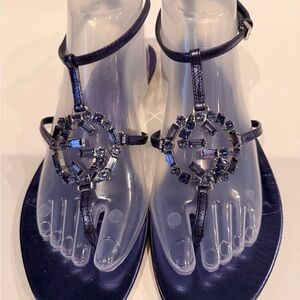 Gucci Metallic Leather Crystal Embellished GG Thong Flat